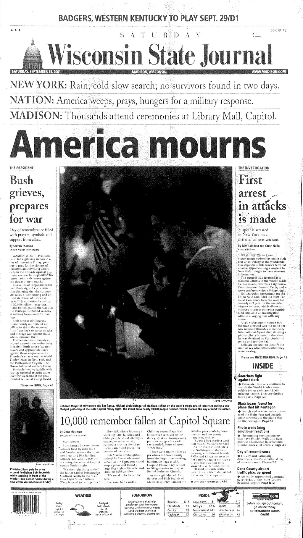 Wisconsin State Journal front page from Sept. 15, 2001